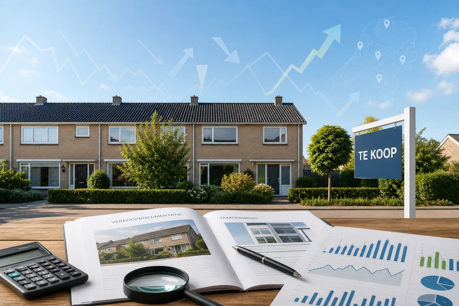 Fotorealistische cover: Nederlandse woninggevel, tafel met rekenmachine, taxadocumenten en grafieken, een neutraal 'Te koop'-bord en grafische prijsindicatoren.