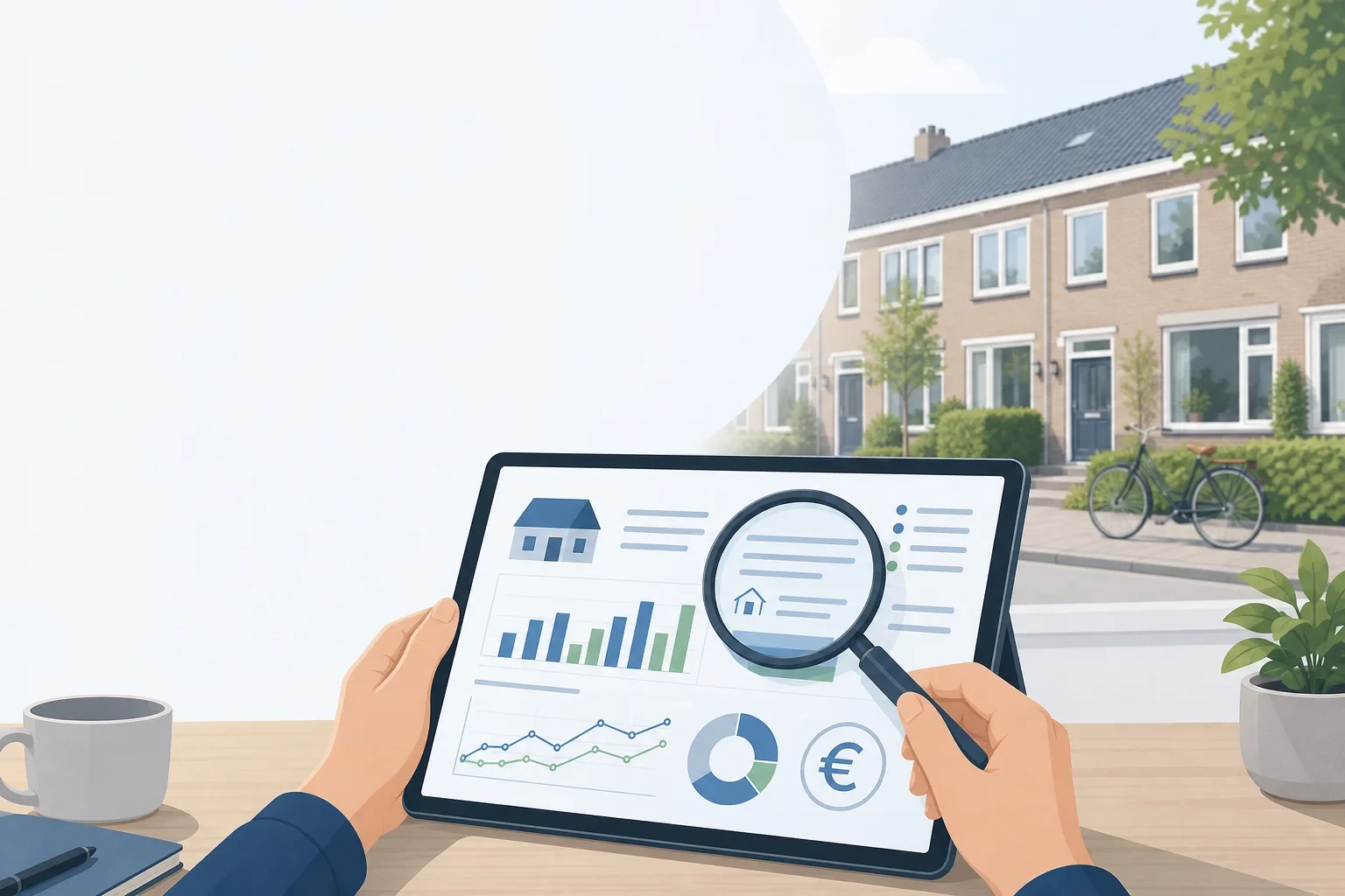 Tablet met waarderapport en vergrootglas op tafel, op de achtergrond een Nederlandse tussenwoning in zachte kleuren.