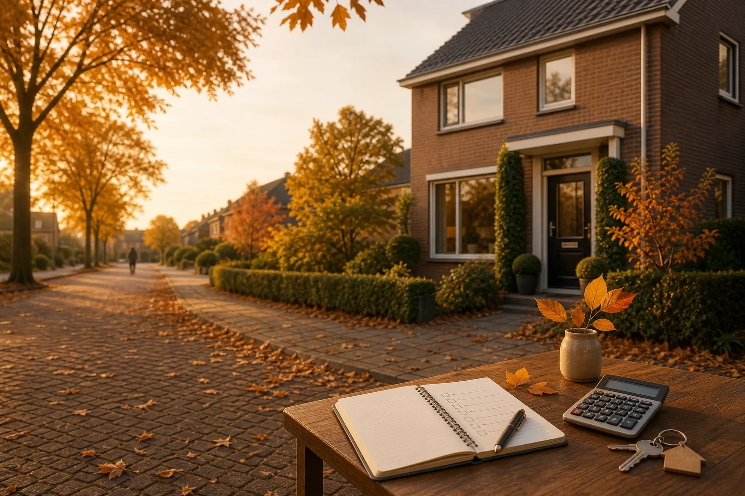 Vooraanzicht van een nette woning in warm herfstlicht; op de stoep een tafel met checklist en rekenmachine, bladeren op de grond, rustige privacyvriendelijke compositie voor titelruimte.