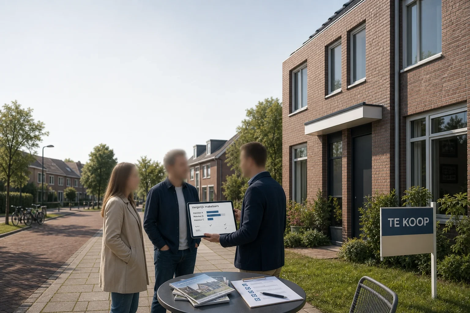 Omslagbeeld: Nederlandse woning met ‘Te koop’-bord; drie niet-identificeerbare personen bekijken een tablet met een vergelijkingsgrafiek van makelaars; brochures en checklist op een tafel; rustige straat op de achtergrond.