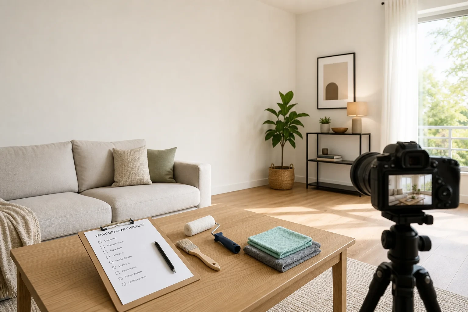 Helder opgeruimde woonkamer met salontafel waarop een checklist op een clipboard, schoonmaakspullen en een klein verfwerktuig, plus een camera op statief; geen personen zichtbaar, vrije ruimte voor titel.