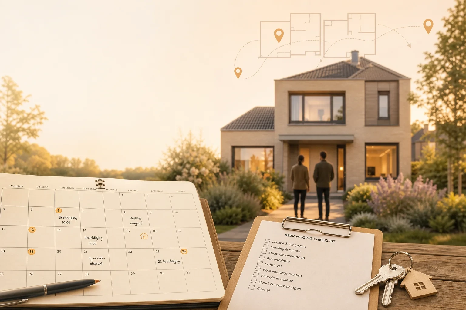 Omslagbeeld: een huis in nazomerlucht met een kalender, checklist, routepinnen en twee silhouetten zonder gezichten; warme herfstachtige kleuren en ruimte voor de titel.