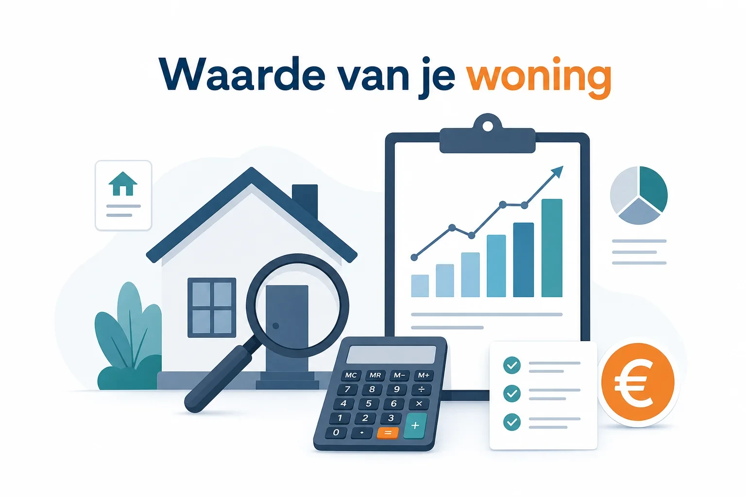 Infographicachtige omslag met een gestileerd huispictogram naast een stijgende grafiek, rekenmachine, vergrootglas, checklist en euroteken; moderne blauwe en teal kleuren en de titel 'Waarde van je woning'.
