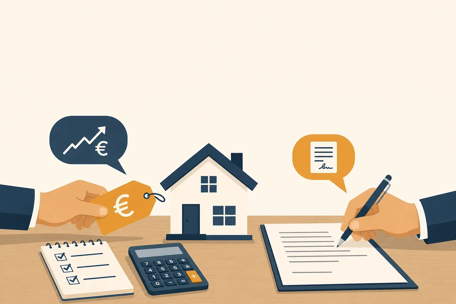Vlakke illustratie van een modelhuis op tafel, linkerhand biedt een prijslabel aan, rechterhand houdt een pen boven een contract; spraakbubbels, checklist en rekenmachine symboliseren onderhandelen en voorbereiding.