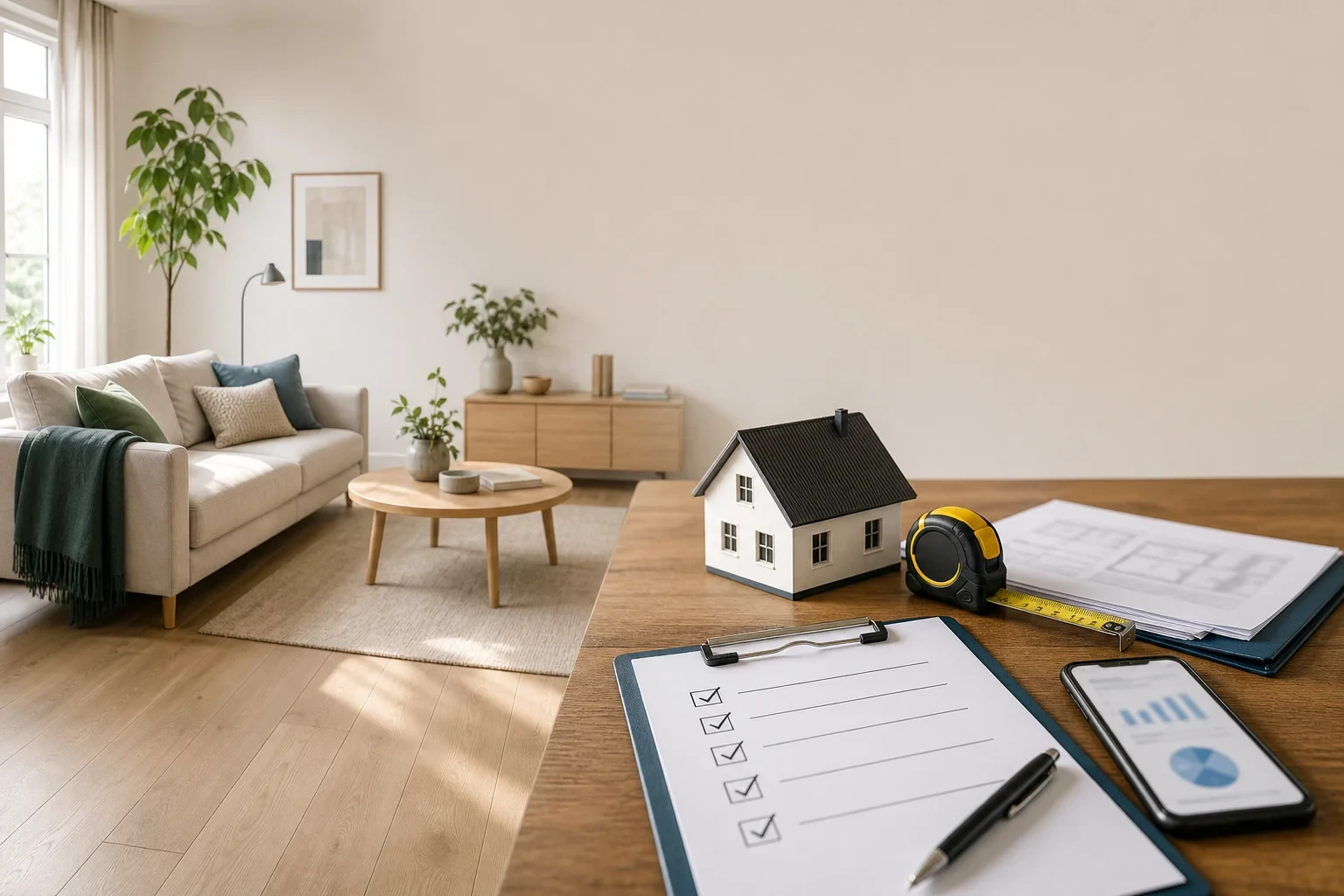 Omslagbeeld met links een lichte, gestileerde woonkamer en rechts een tafel met een modelhuis, meetlint, geblurde map en een checklist; geen mensen, geen leesbare documenten of herkenbare huisgegevens.