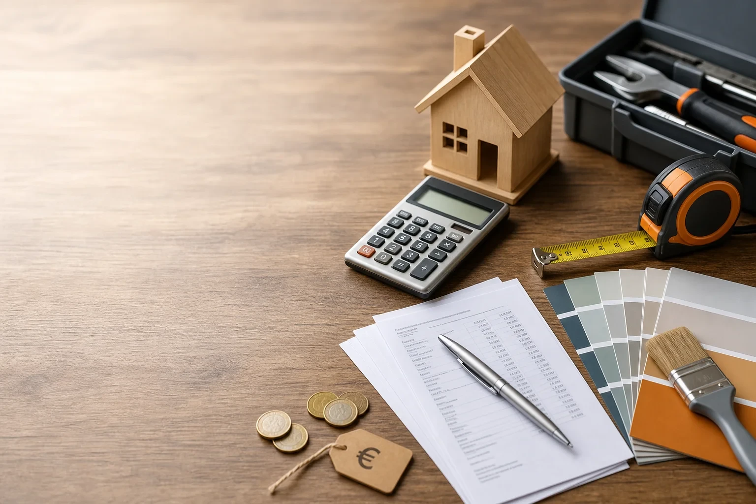 Flat-lay van een huismodel, rekenmachine, rolmaat, verfstaaltjes en documenten op een houten tafel met vrije ruimte voor tekstoverlay.