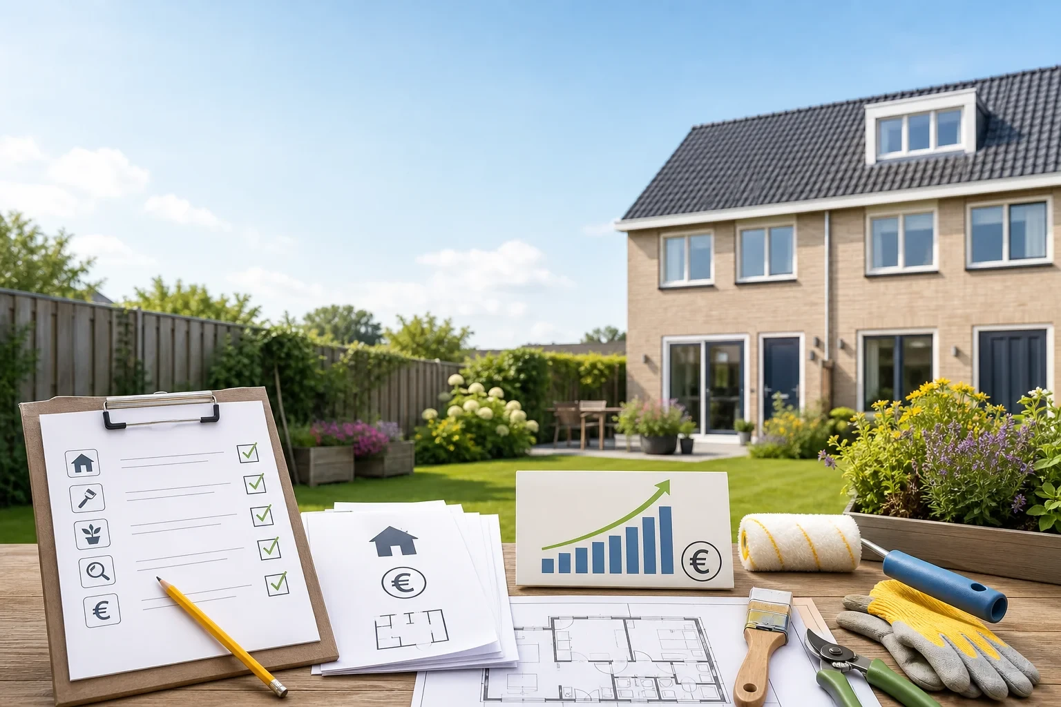 Omslagbeeld: Nederlandse huisgevel in zomerse setting met checklist, generieke documenten, klusgereedschap en een grafiek die waardestijging illustreert — geen gezichten of herkenbare gegevens.