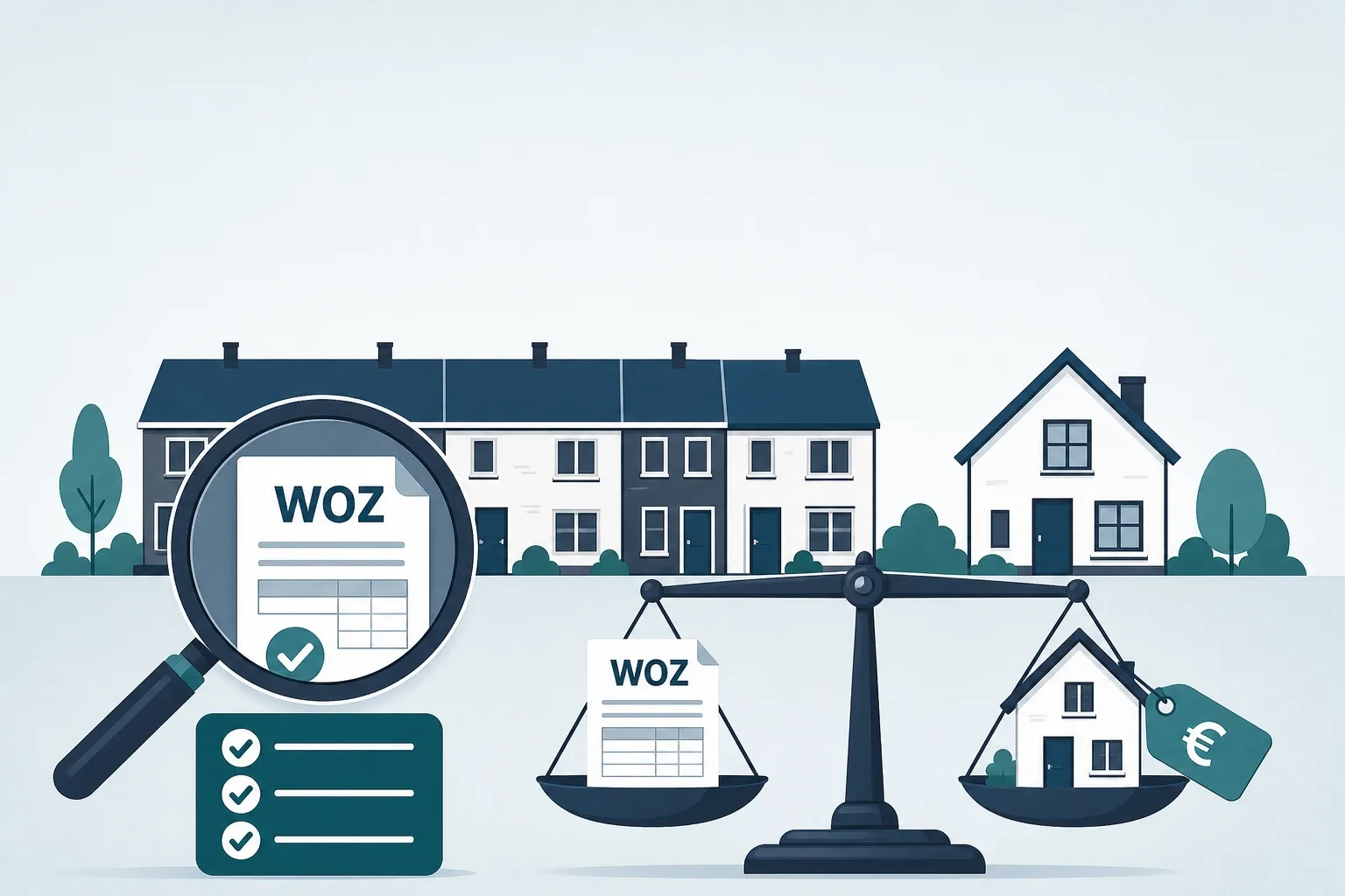 Vectorillustratie van Nederlandse huizen met vergrootglas dat een WOZ‑document onderzoekt en een weegschaal die WOZ‑document en huis met prijslabel (marktwaarde) tegen elkaar afweegt; checklist‑icoon en ruimte voor titel.