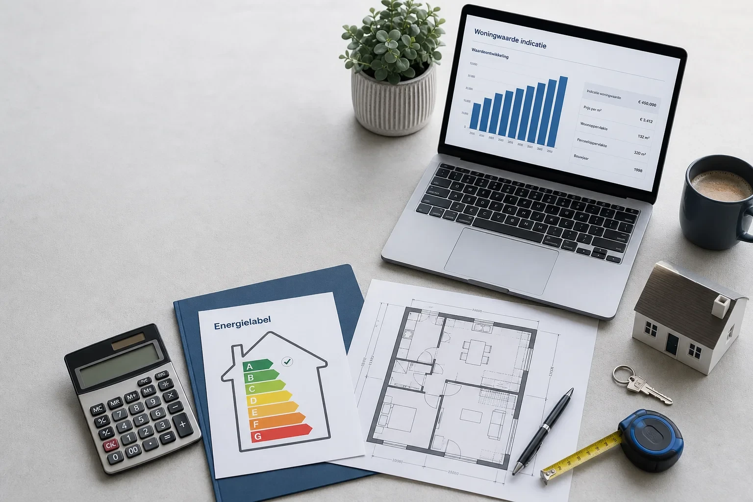 Overheadfoto van een bureau met laptop met waarderingsgrafiek, plattegrond, energielabel-icoon, rekenmachine, meetlint en modelhuisje; geen personen of adresgegevens zichtbaar.