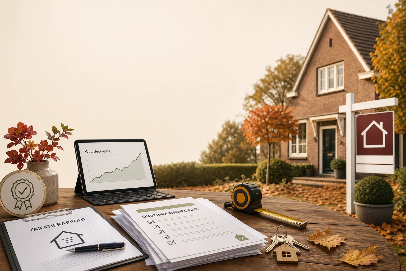 Herfstcover: generiek Nederlands huis in warme kleuren; tafel met taxatiedocumenten, tablet met grafiek, meetlint en sleutelbos; geen herkenbare personen of adressen.