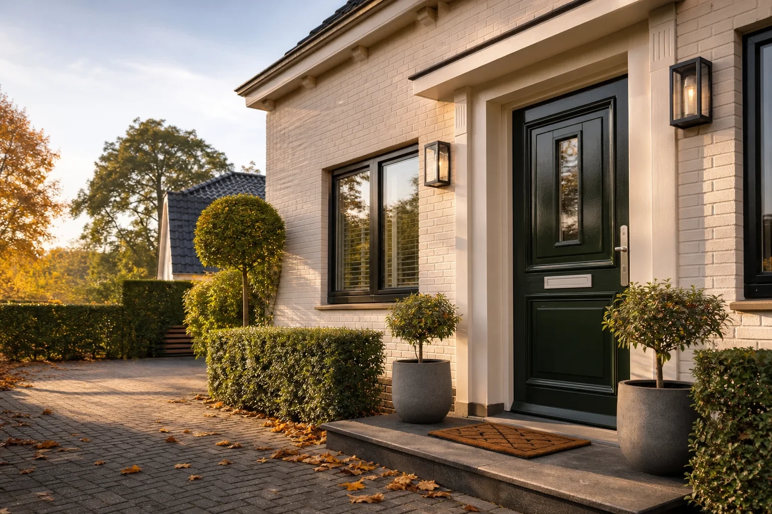 Voorgevel met frisse voordeur, opgeruimde oprit en potplanten in zacht herfstlicht; geen mensen of huisnummers zichtbaar.